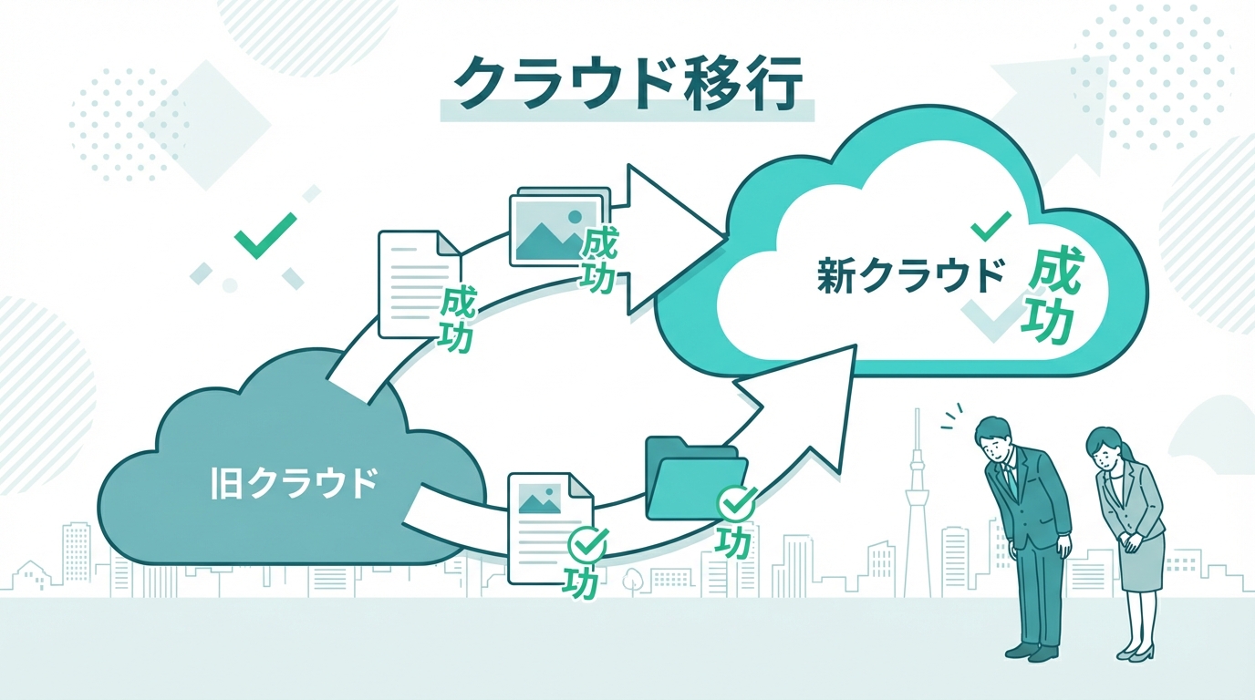 クラウドストレージの移行フロー——ファイルをDropboxから安全に転送するイメージ